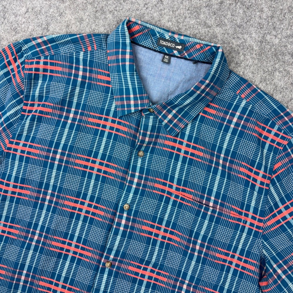 Toad&Co Shirt Mens 2XL Blue Airboat SS Shirt Organic Cotton Plaid Hiking Outdoor